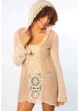 Free People Merci Crochet Hooded Tunic Sweater